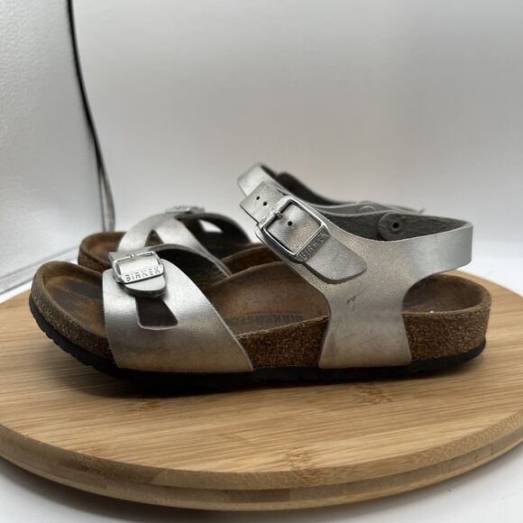 Birkenstock Rio Youth Size 3 Silver Cork Footbed Strap Open Toe Sandal Shoes - Picture 1 of 8